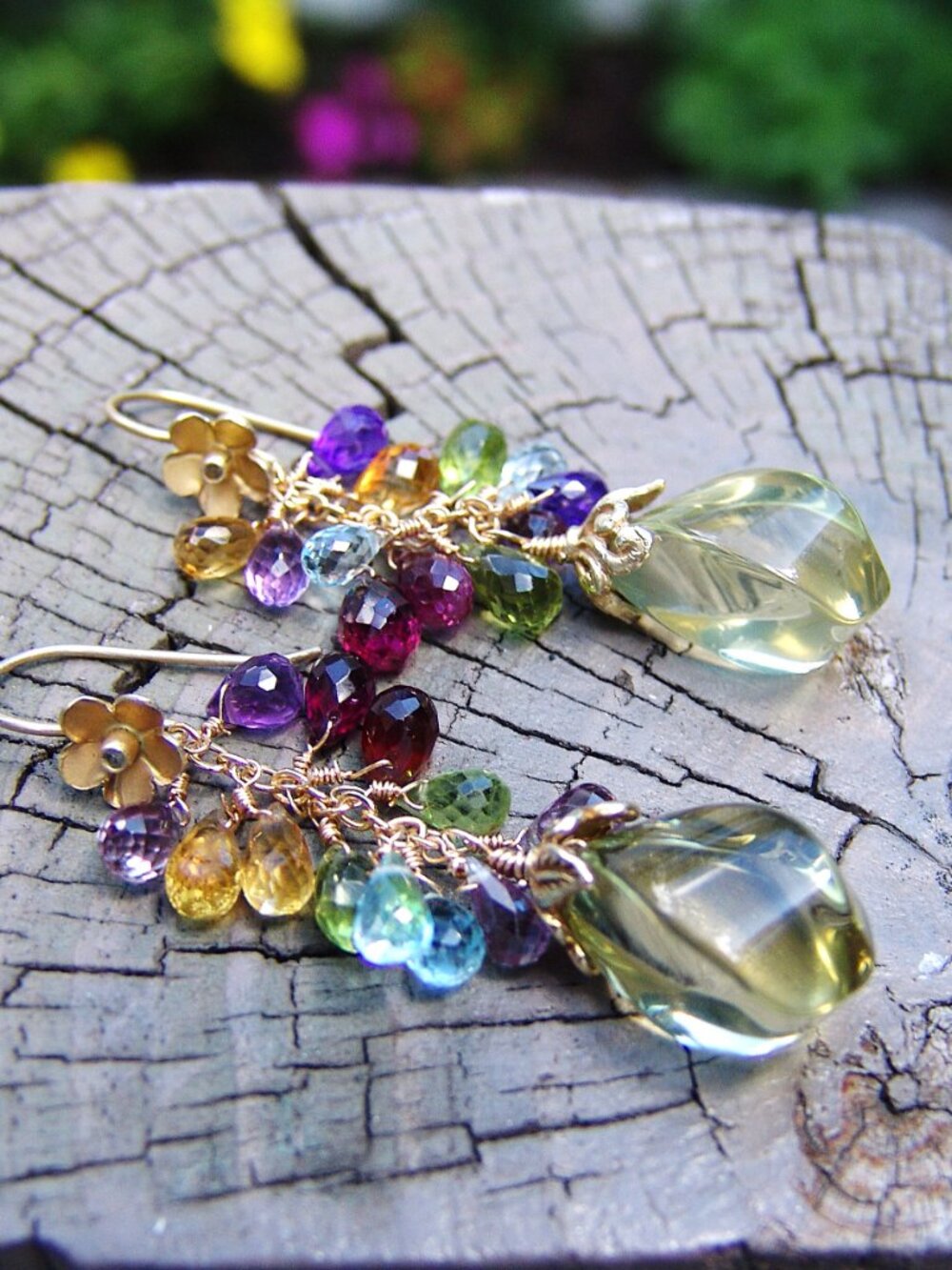Sterling Silver Lemon Quartz Gemstone Briolette Cluster Chandelier Earrings